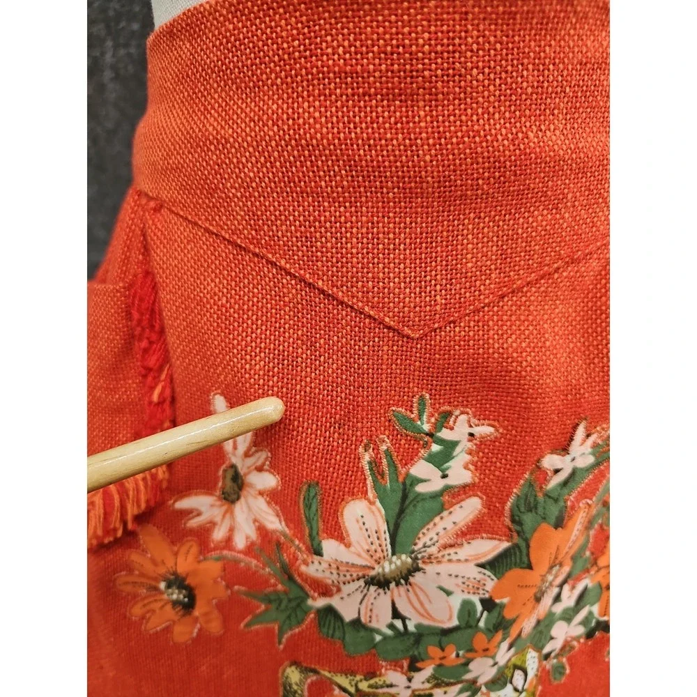 Vtg 60s Sue Sets NY Burlap Waist Apron, Fruit Floral Applique, Orange